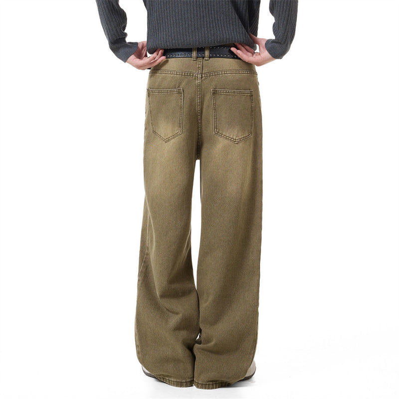 Men's Vintage Washed Wide-Leg Jeans – Relaxed Straight Fit with Horse Charm