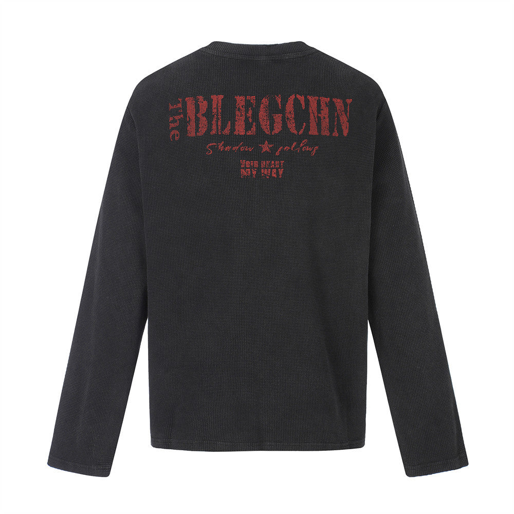 Long Sleeve Waffle Knit Graphic Tee – US & UK Flag Rock Print