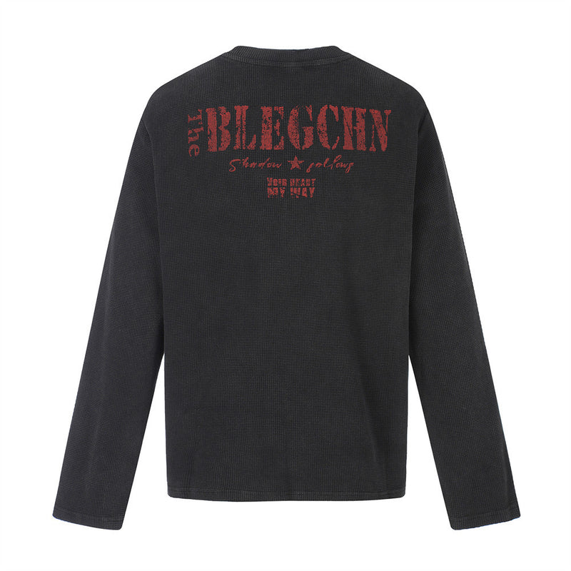 Long Sleeve Waffle Knit Graphic Tee – US & UK Flag Rock Print