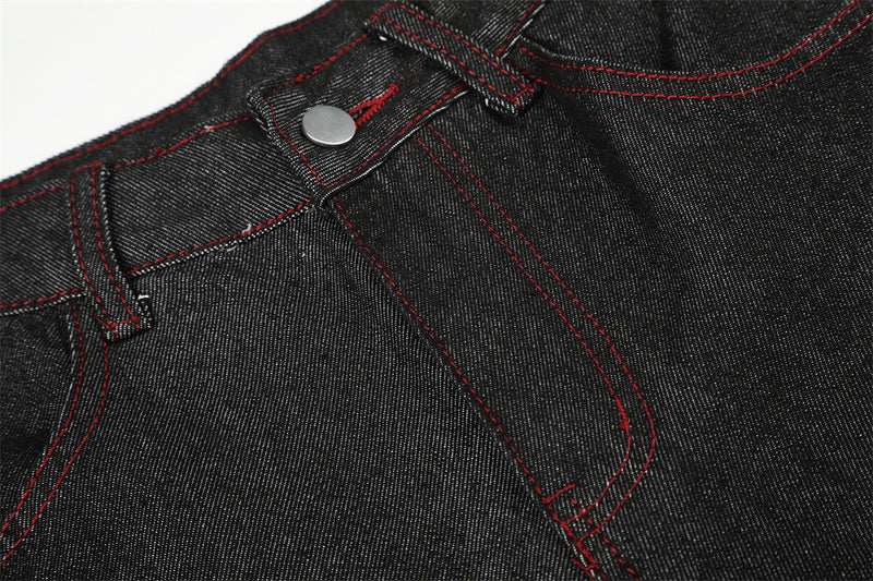 Wide-Leg Barrel Jeans – Men's High-Street Curved Silhouette with Red Stitching