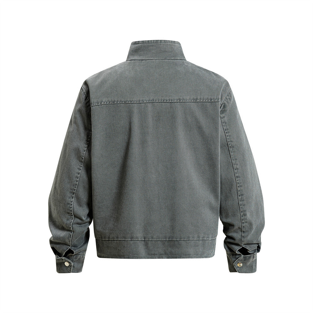 Vintage Workwear Denim Jacket – Stand Collar, Zip Chest Pockets & Oversized Fit
