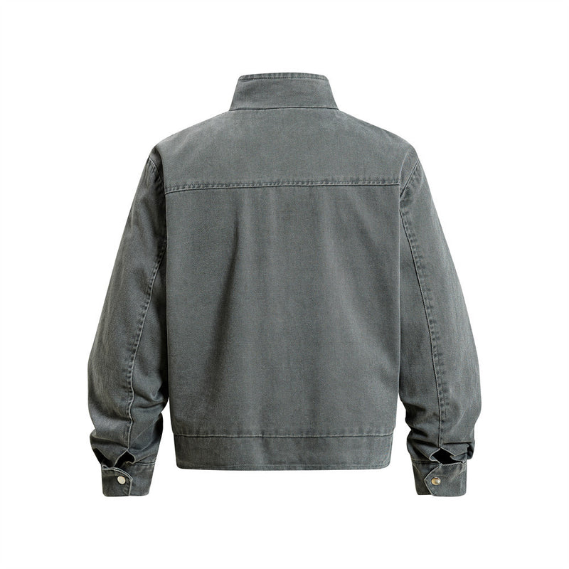 Vintage Workwear Denim Jacket – Stand Collar, Zip Chest Pockets & Oversized Fit