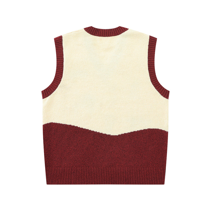 Cartoon Embroidered Knit Sweater Vest – V-Neck Colorblock College Style
