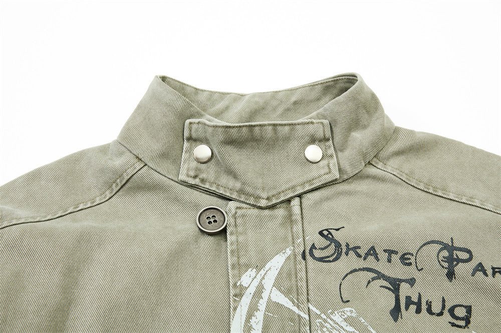 Men's Canvas Work Jacket – Vintage Punk Distressed Stand Collar with Scythe