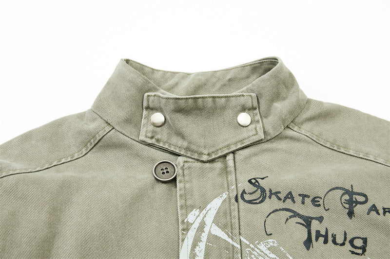 Men's Canvas Work Jacket – Vintage Punk Distressed Stand Collar with Scythe