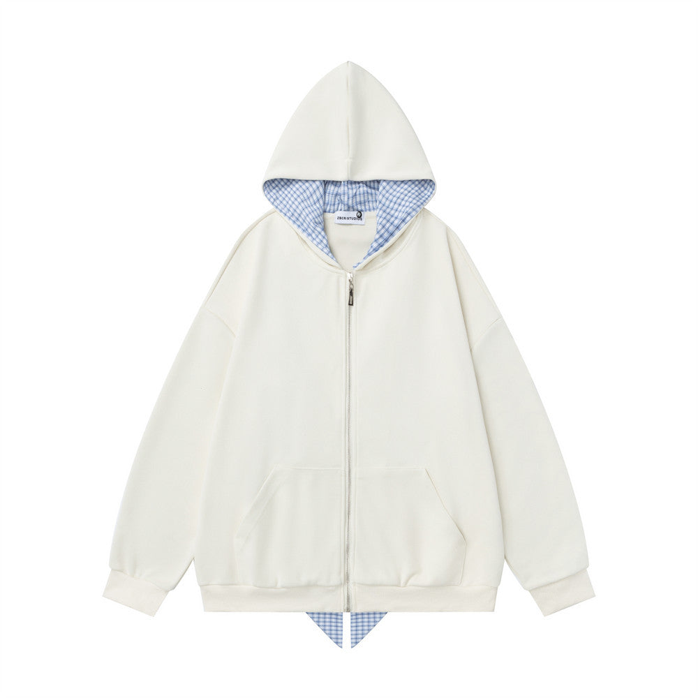 Oversized Zip-Up Hoodie with Plaid-Lined Hood – Relaxed Fit Streetwear