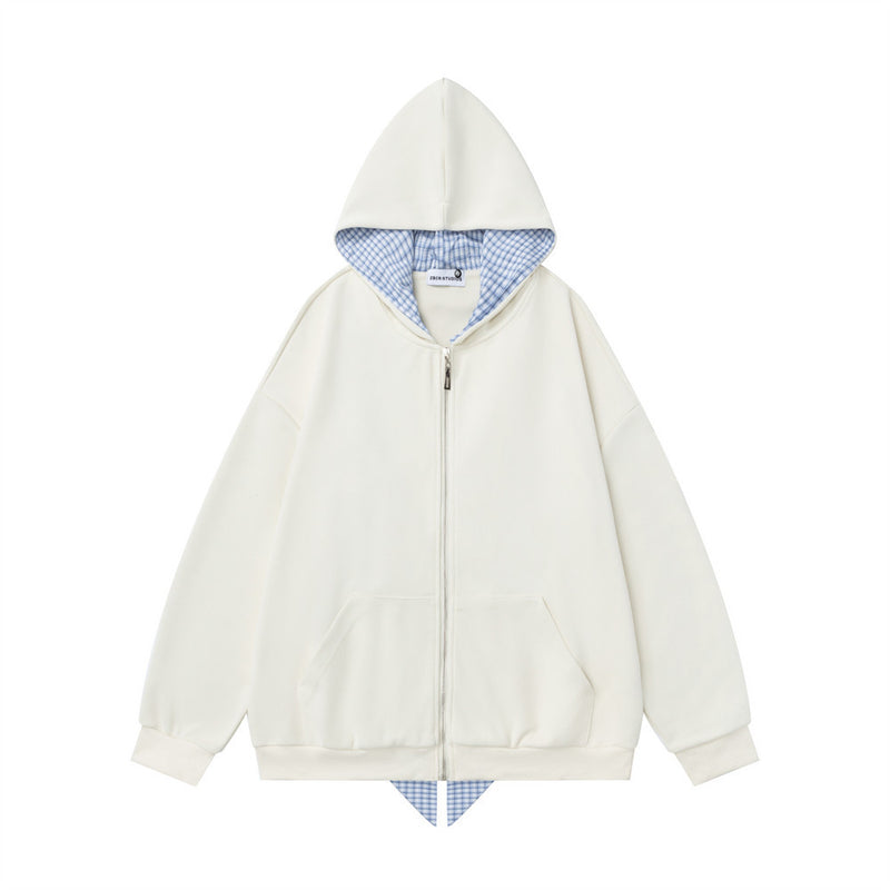 Oversized Zip-Up Hoodie with Plaid-Lined Hood – Relaxed Fit Streetwear