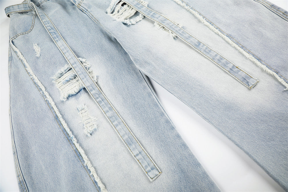 Light Wash Distressed Wide-Leg Jeans – Deconstructed Raw Edge Streetwear Denim