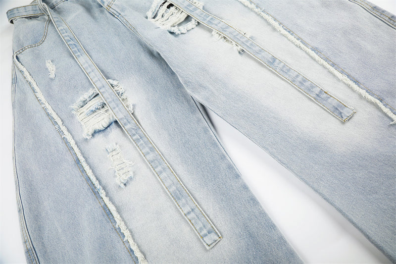 Light Wash Distressed Wide-Leg Jeans – Deconstructed Raw Edge Streetwear Denim