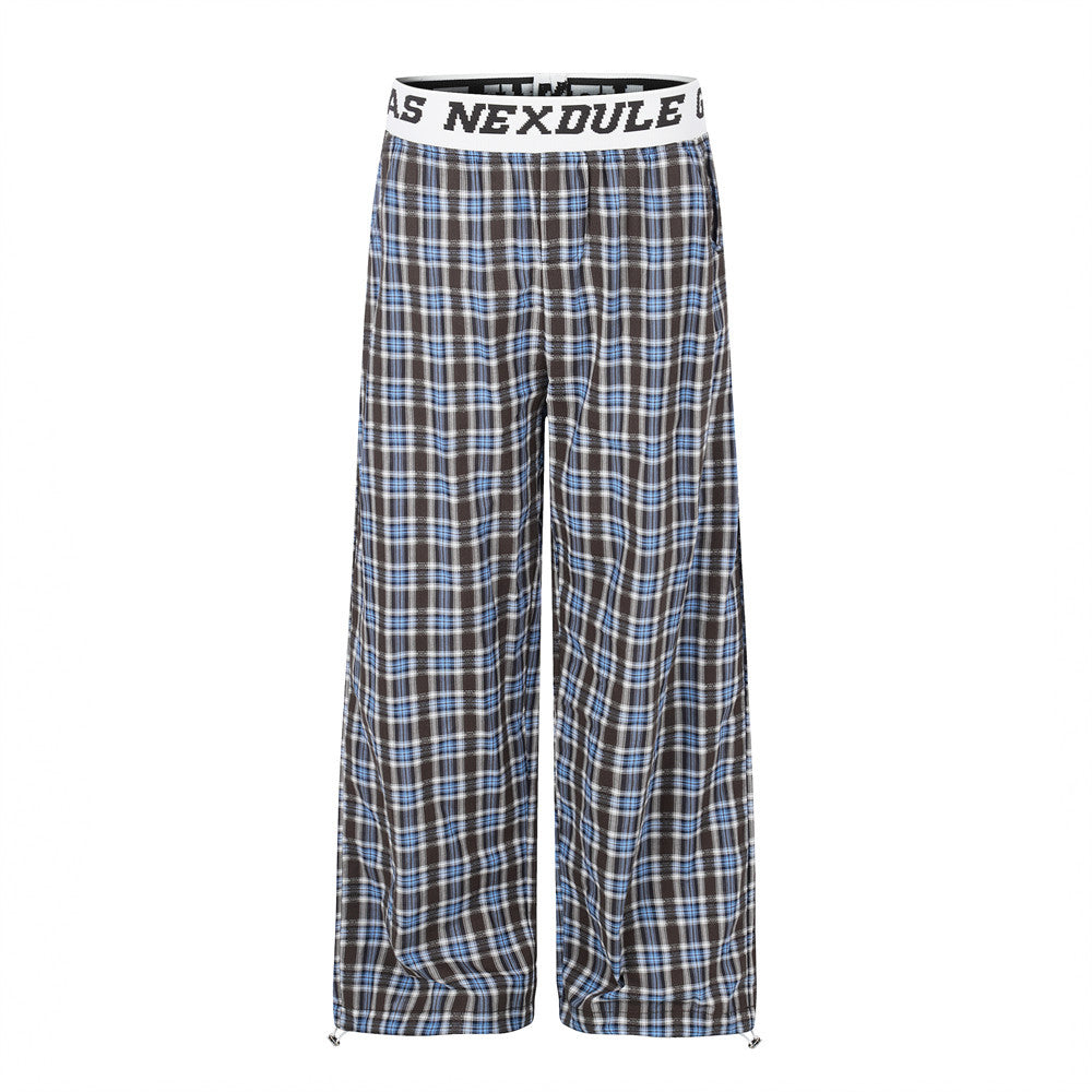 Plaid Wide-Leg Pants with Logo Elastic Waistband