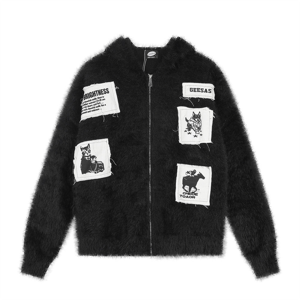 Fuzzy Knit Zip-Up Hoodie with Animal Patches – Streetwear Cardigan