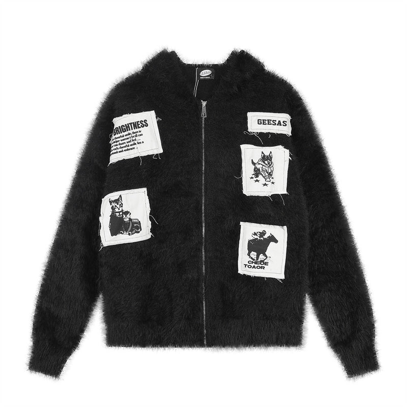 Fuzzy Knit Zip-Up Hoodie with Animal Patches – Streetwear Cardigan