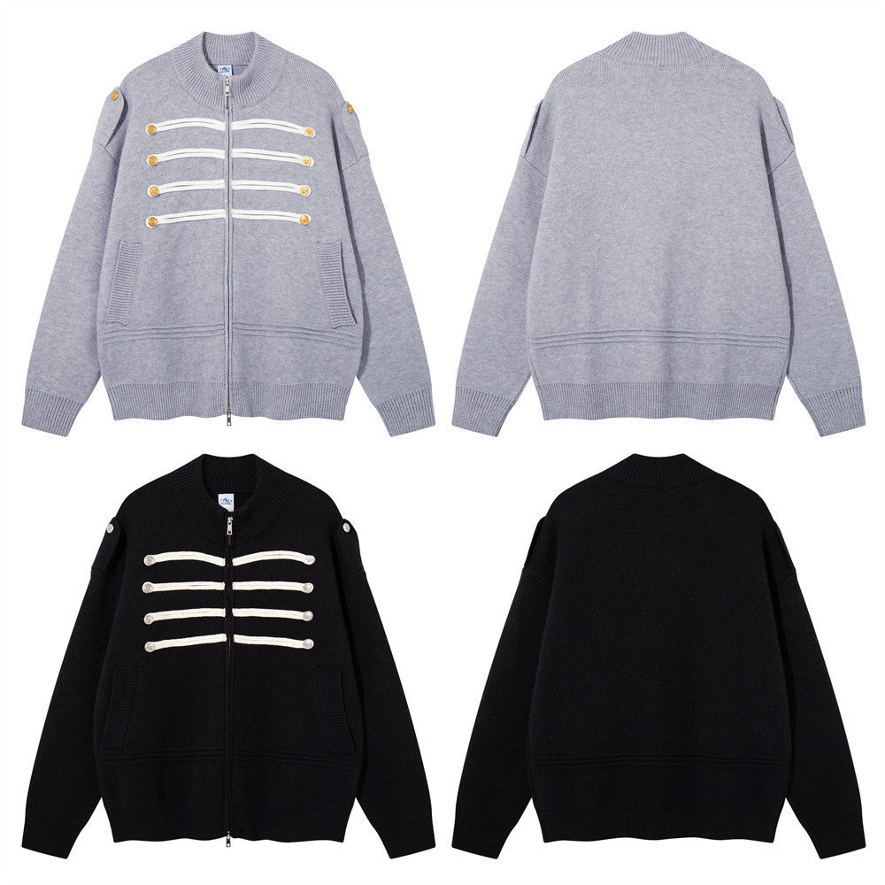 Cardigan zippé en maille à galons militaires – Col montant oversize avec