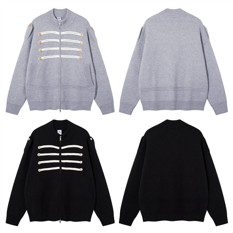 Cardigan zippé en maille à galons militaires – Col montant oversize avec
