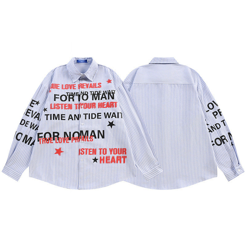 Graphic Button-Up Shirt – Hip-Hop Letter Print Vertical Stripe Long Sleeve