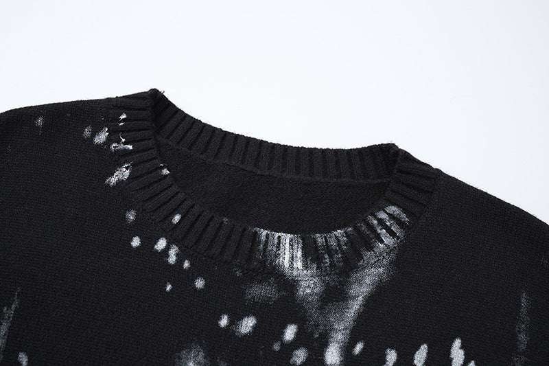 Ink-Wash-Strickpullover mit Farbspritzern und Rundhalsausschnitt – Oversized Streetwear