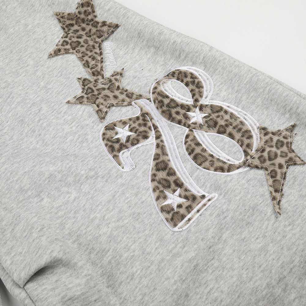 Wide-Leg Sweatpants with Leopard Print Waistband & Star Patch Embroidery