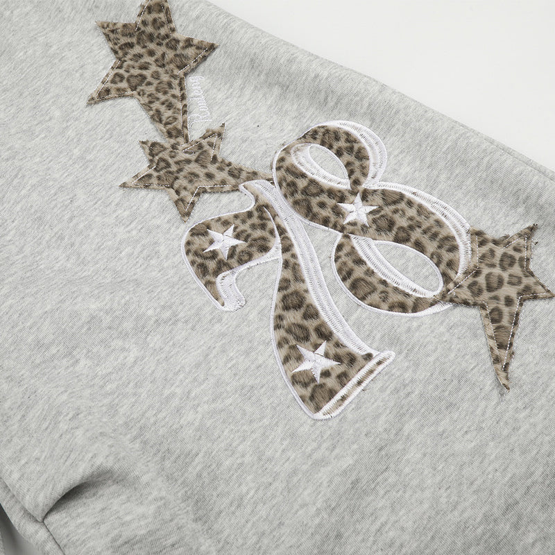 Wide-Leg Sweatpants with Leopard Print Waistband & Star Patch Embroidery