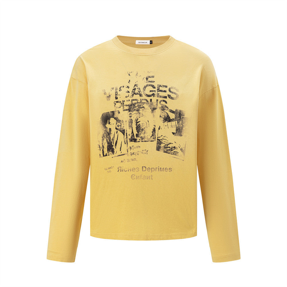 Men's oversized long-sleeve crew neck tee with distressed vintage collage graphic print in muted yellow