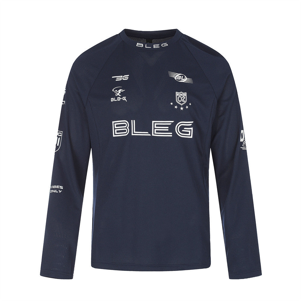 Navy long sleeve crew neck shirt front with white BLEG logo and sleeve graphics