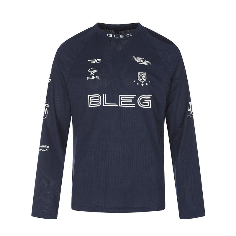 Navy long sleeve crew neck shirt front with white BLEG logo and sleeve graphics