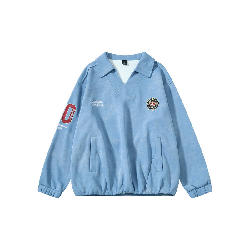 Jersey de cuello en V para hombre, oversized, con bordado universitario