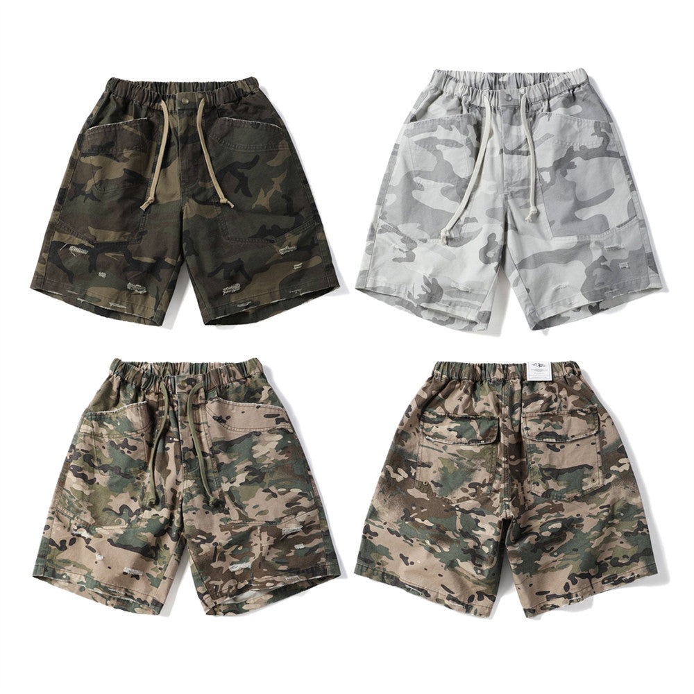 Four pairs of camo cargo shorts in different colors, front and back views