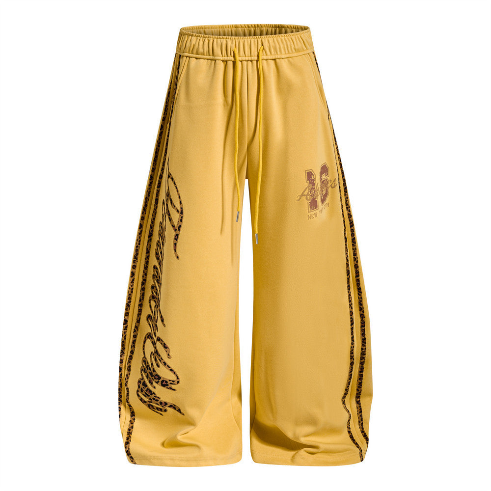Wide-Leg Sweatpants with Leopard Print Side Panels & Varsity Graphic