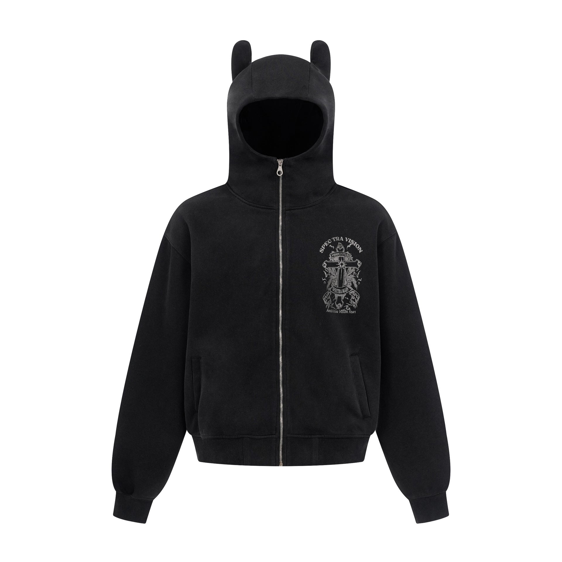 Zip-Hoodie mit Kapuze mit Teufelsohren – Gothic-Kreuz-Graphic-Sweatshirt im Streetwear-Stil