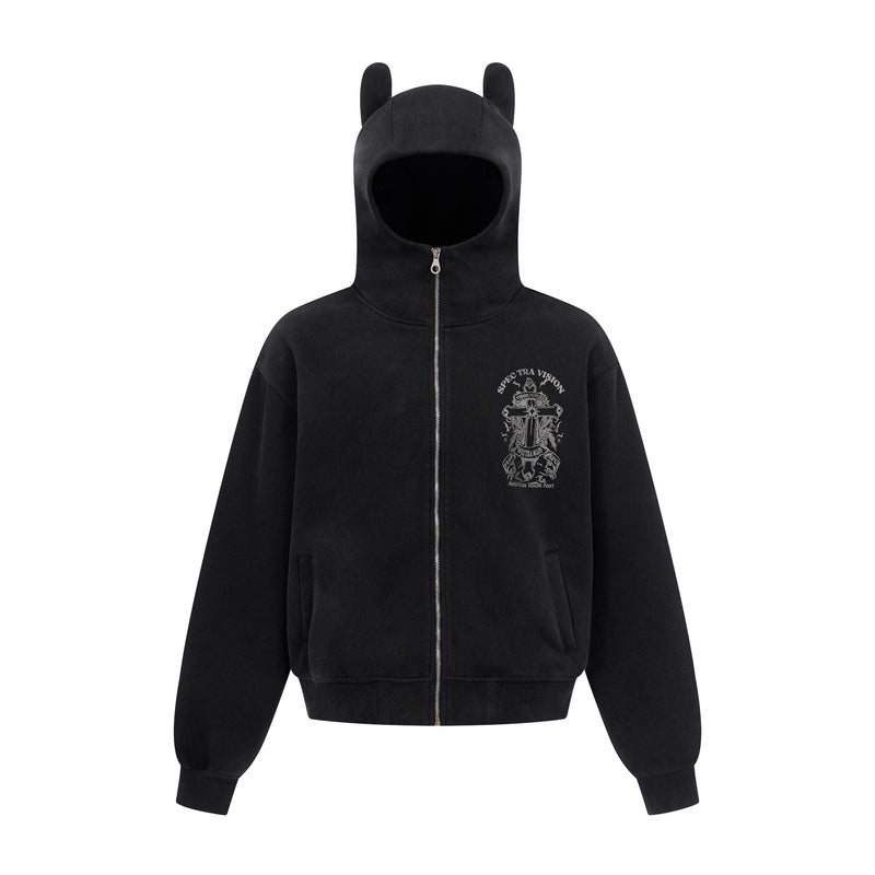 Zip-Hoodie mit Kapuze mit Teufelsohren – Gothic-Kreuz-Graphic-Sweatshirt im Streetwear-Stil
