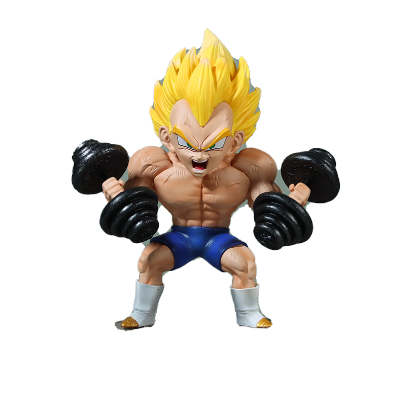 The Seakoff Vegeta Super Saiyan Collectible Figure – Dragon Ball Z, 17cm, showcases a muscular form in a weightlifting pose with black dumbbells. Featuring spiky yellow hair and dressed in blue shorts with white boots accented gold-tipped against a plain white background.