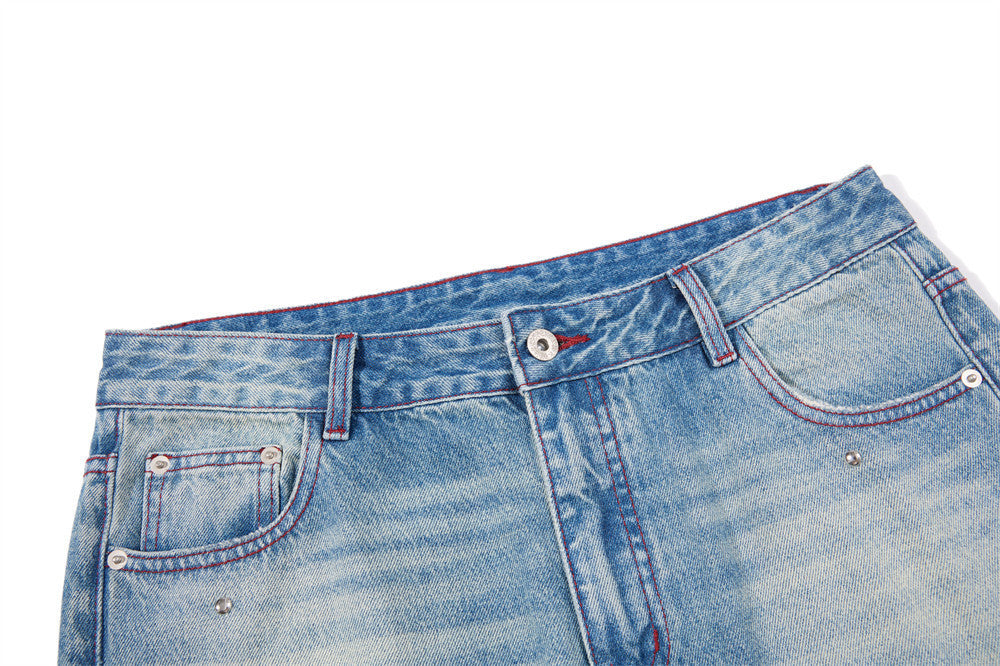 Men's Distressed Wide-Leg Flare Jeans with Stud Details – Washed Blue