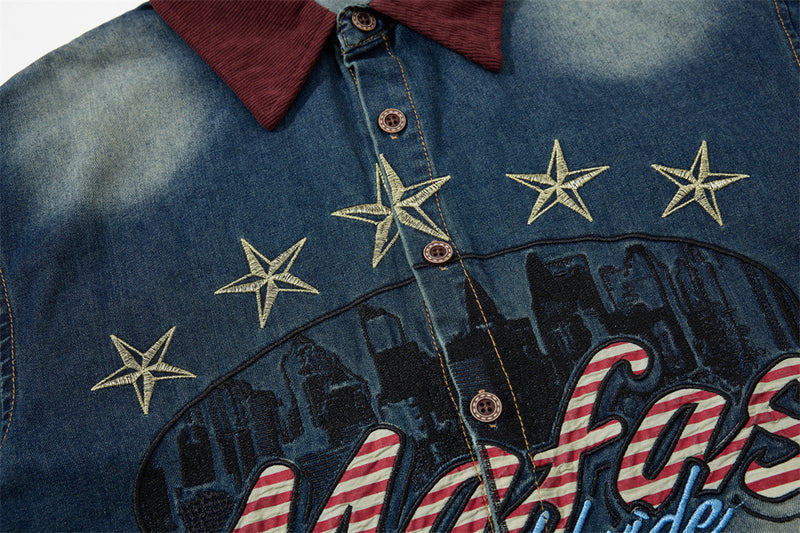 Mafas Worldwide Star Embroidered Washed Denim Shirt – Short Sleeve Oversized Fit