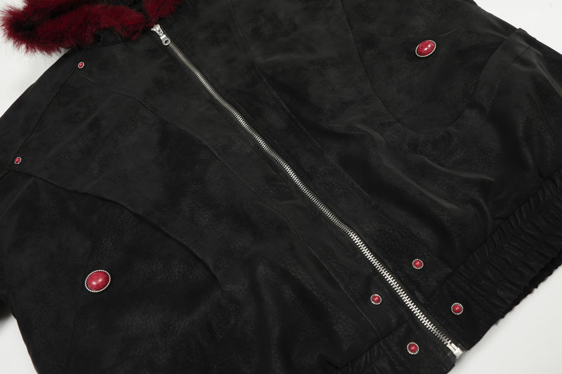 Blouson bomber à capuche bordée de fourrure – Style américain vintage doublé polaire