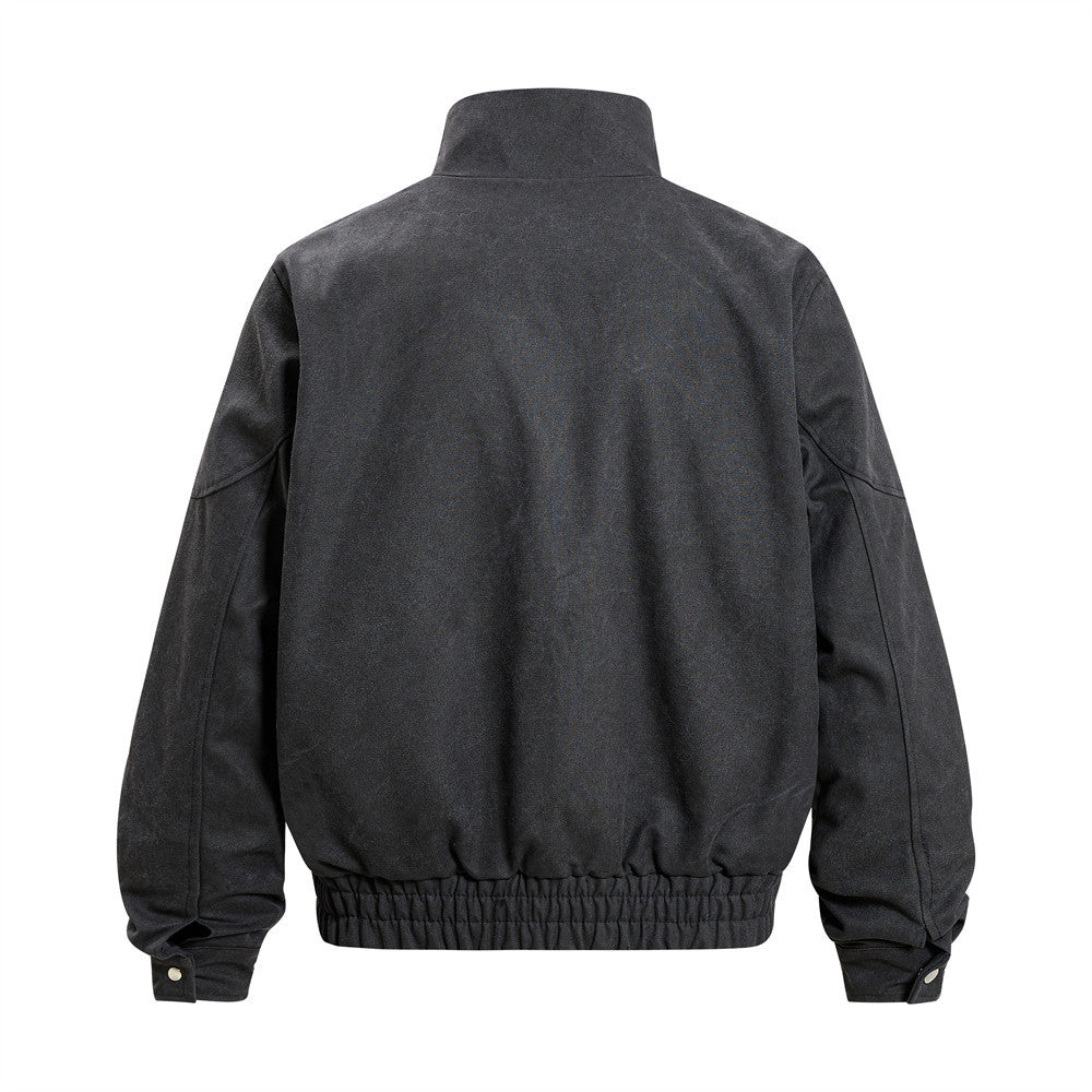 Men's Stand Collar Bomber Jacket with Sculptural Seam Detail