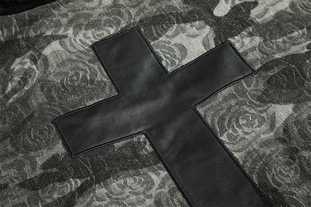 Rose Camo Bomber Jacket with Faux Fur Hood Collar and Cross Back Patch