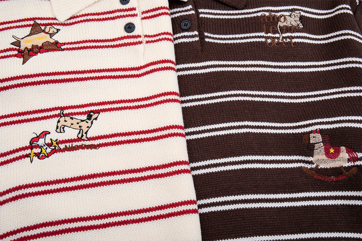 Striped Polo Knit Sweater with Cartoon Embroidery – Relaxed Unisex Pullover