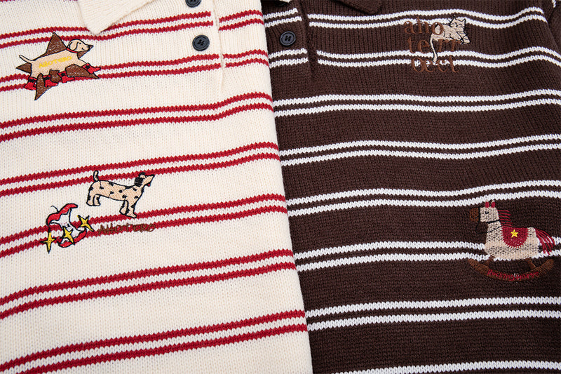 Striped Polo Knit Sweater with Cartoon Embroidery – Relaxed Unisex Pullover