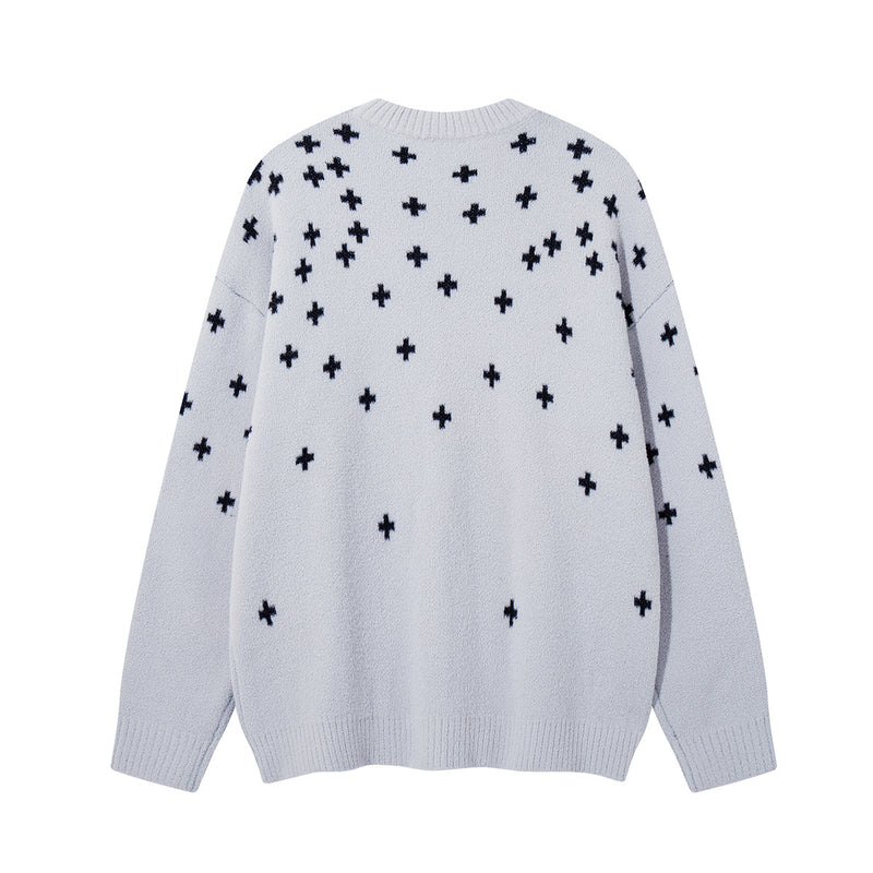 Cross Jacquard Knit Sweater Oversized Crewneck Pullover