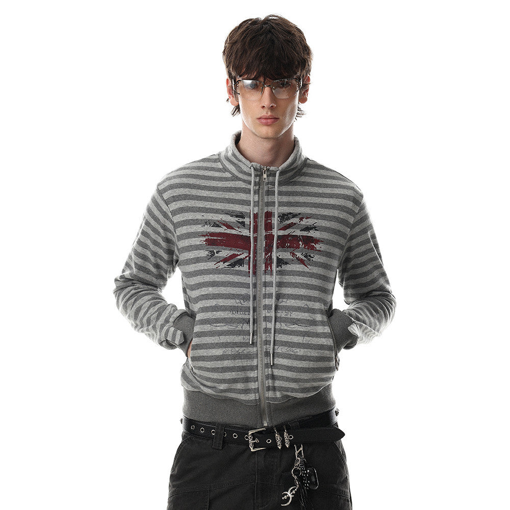 Gray striped zip-up jacket with distressed Union Jack chest graphic and stand collar, shown on male and female models