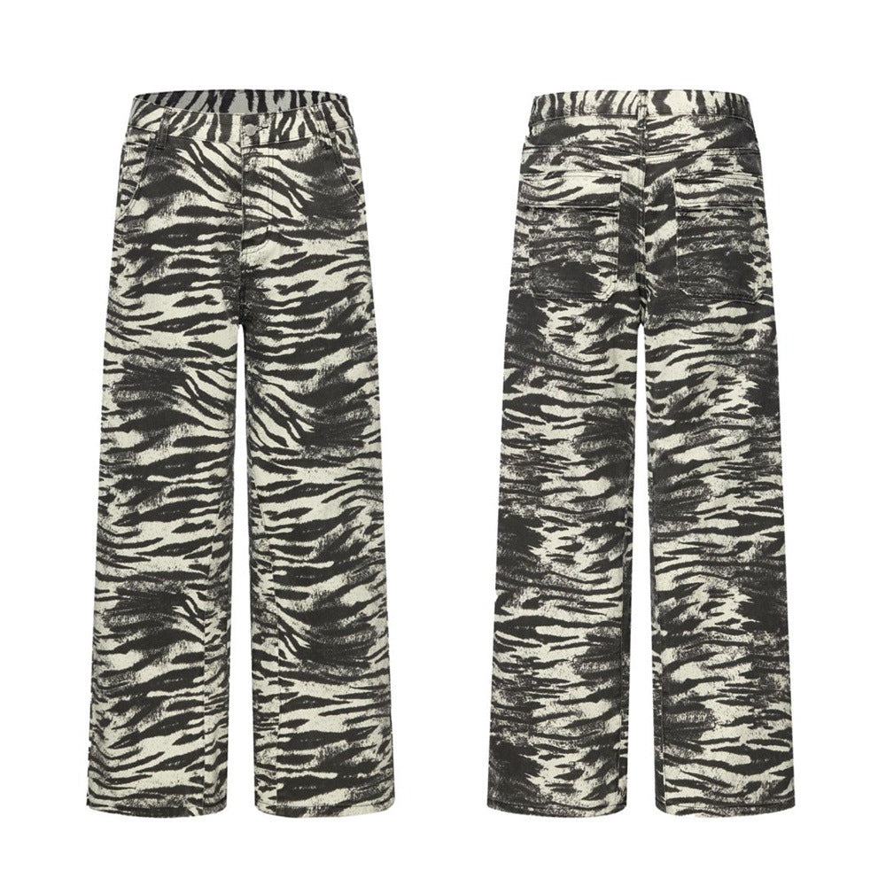 Zebra Print Wide-Leg Jeans – Men's Straight Fit Punk Street Style Denim Pants