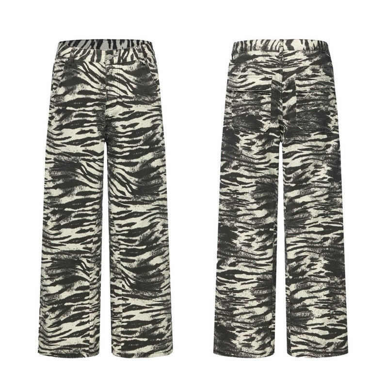Zebra Print Wide-Leg Jeans – Men's Straight Fit Punk Street Style Denim Pants