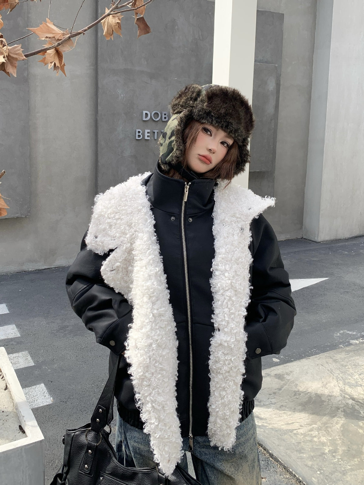 Veste en simili cuir et fourrure, bomber oversize à col sherpa