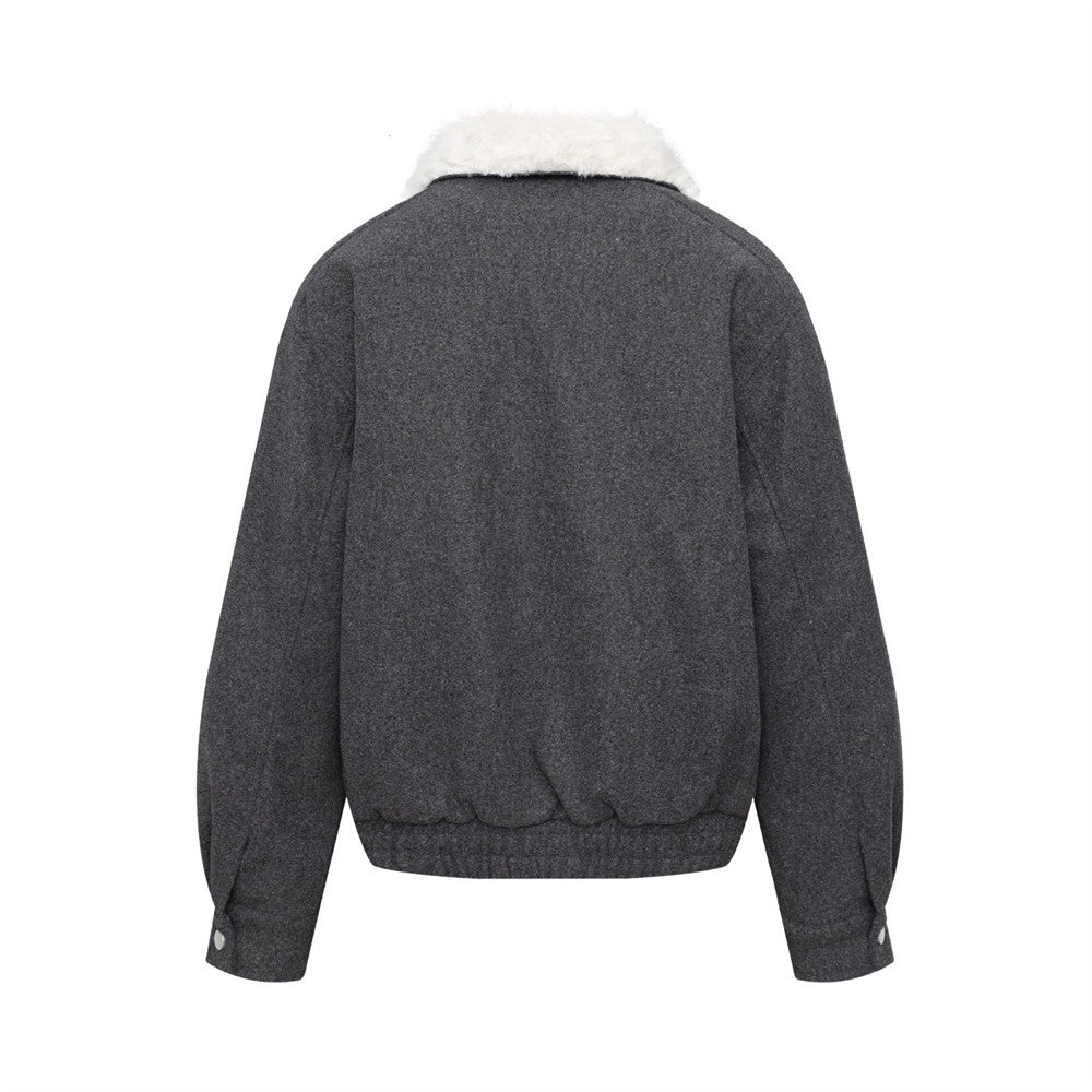 Wool Bomber Jacket Men – Shearling Collar, Metal Clasp Closure, Charcoal