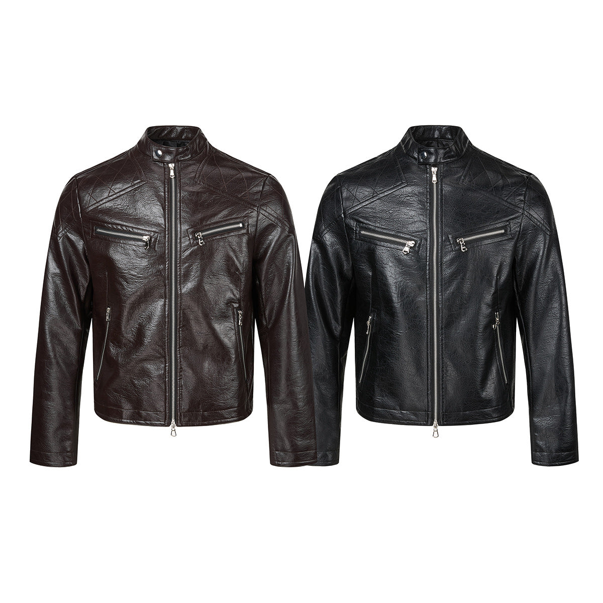 Faux Leather Moto Biker Jacket – Stand Collar with Zip Pockets