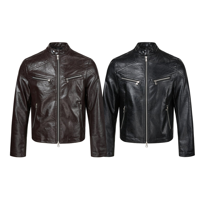 Faux Leather Moto Biker Jacket – Stand Collar with Zip Pockets