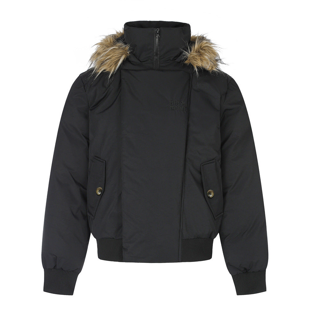 Fur-Trim Hooded Bomber Down Jacket – Oversized Fit with Stand Collar