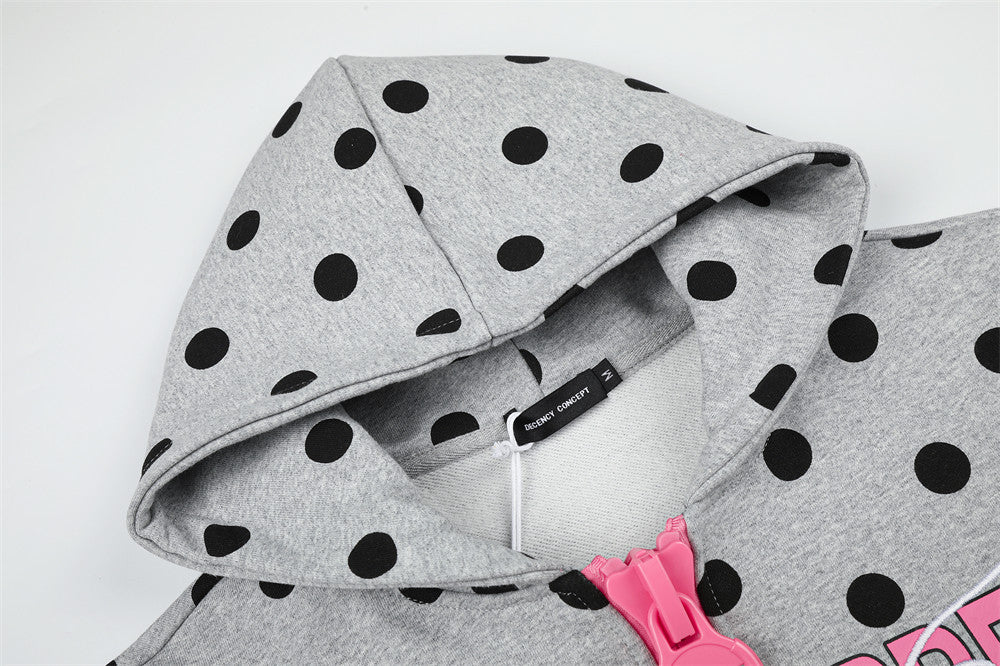 Polka Dot Zip-Up Hoodie with Embroidered Graphic – Cropped Streetwear Sweatshirt