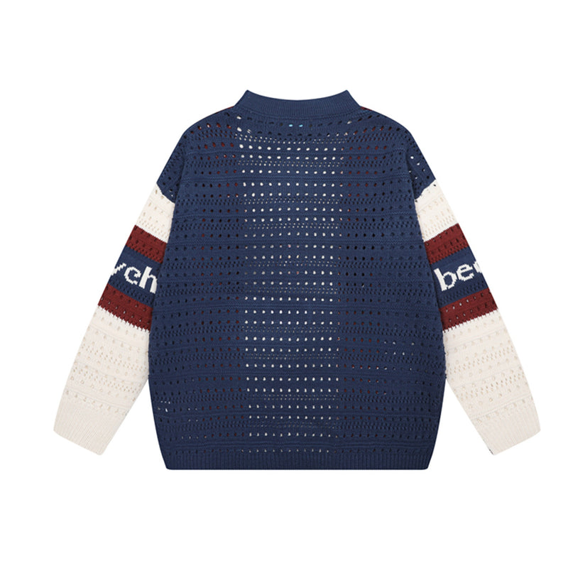 Colorblock Open-Knit Crew Neck Sweater – Varsity Stripe Pullover