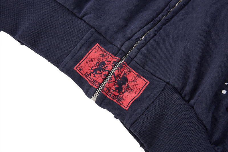 Oversized Zip-Up Hoodie Men — Distressed Heraldic Embroidery, Cropped Bomber Fit
